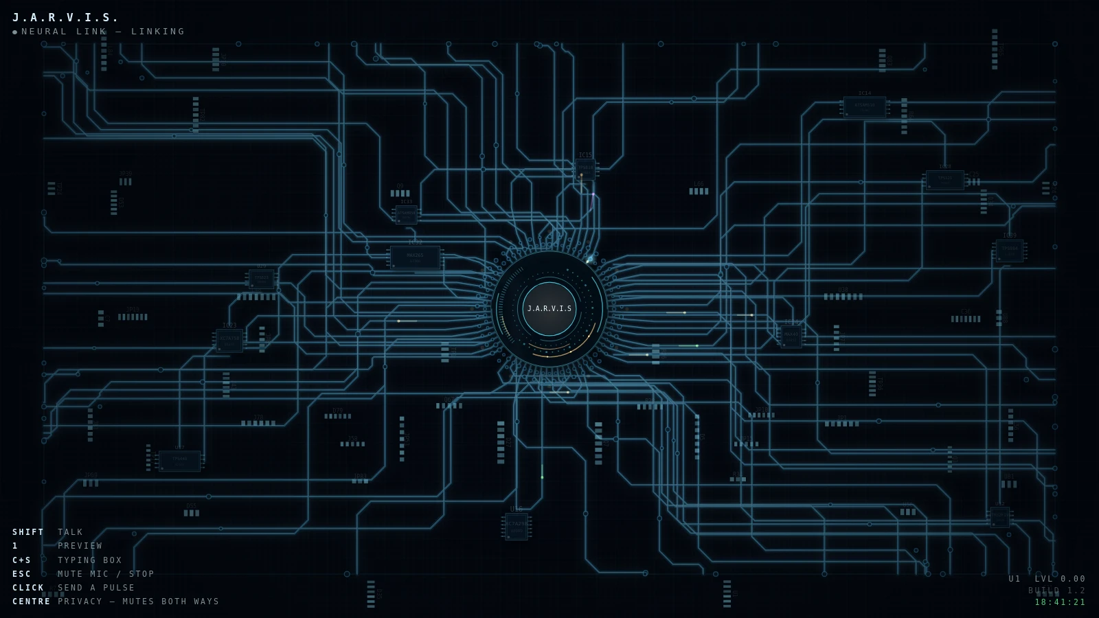 A near-black circuit board seen from above, thin blue traces lit
                from within and running out from a round terminal panel at the
                centre with the name J.A.R.V.I.S. inside it. A key legend sits
                bottom left and a build number bottom right.