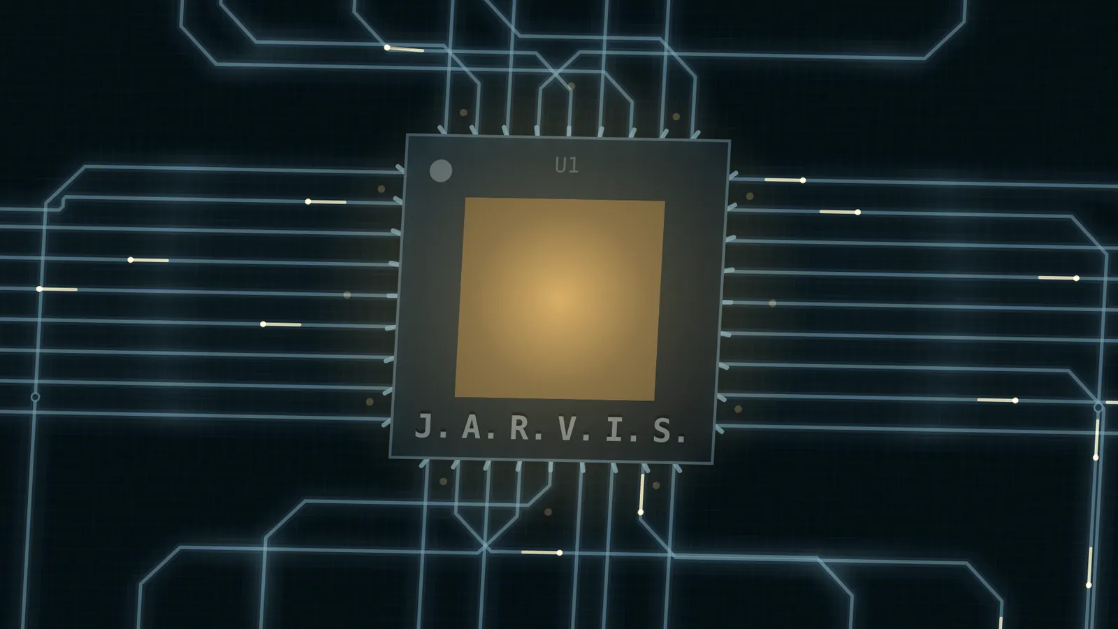 The board's centre chip, U1, lit gold and glowing while it speaks, traces converging on it at right angles.