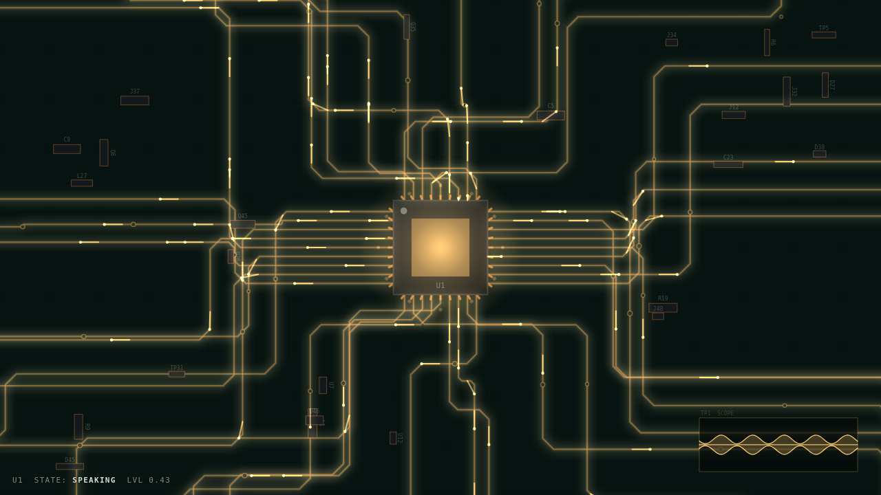 A dark circuit board seen from above. Copper traces run out from a
                glowing chip at the centre, brightening in time with speech, with a
                small oscilloscope readout in the corner showing the waveform.