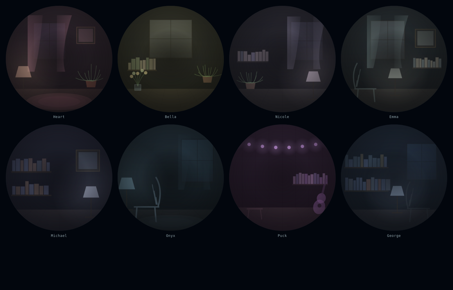Eight dark circular scenes in a grid, each a small room drawn in
                thin light: a sitting room with a lamp and a potted fern, a
                sunlit kitchen with a shelf of jars, two studies lined with
                bookshelves, a parlour with a chair by the window, a low-lit
                lounge, and an attic strung with small violet bulbs.
